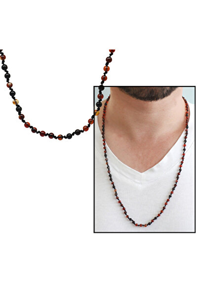 Tesbihane Red Macrame Braided Men's Necklace - Agate Natural Stone