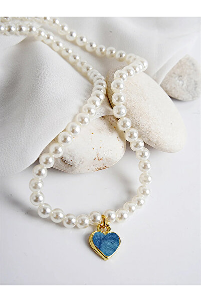 EUROMODA İncili Sedefli Kalp Tasarımlı Gold Renkli İncili Kolye