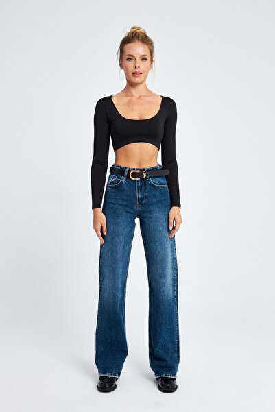 cracpot Kadın Koyu Mavi Yüksek Bel Wide Leg Jean Pantolon Likralı Esnek Kumaş...