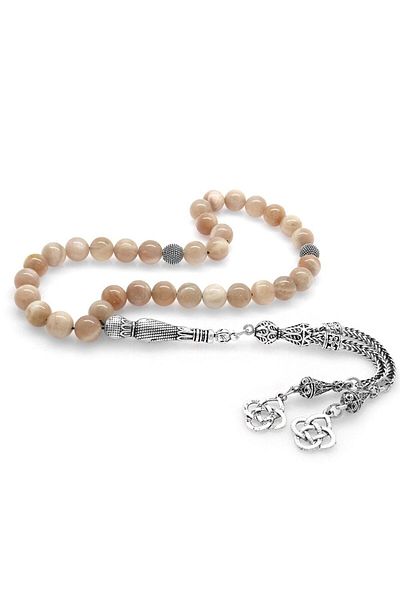 Tesbihane Non-Tarnish Metal Kazaz Tasseled Globe Cut Moonstone Natural Stone Rosary