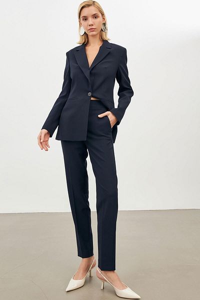 Setre Navy Blue Long Sleeve Set - Button Closure Collar, Full Waist Pipe Leg Trousers