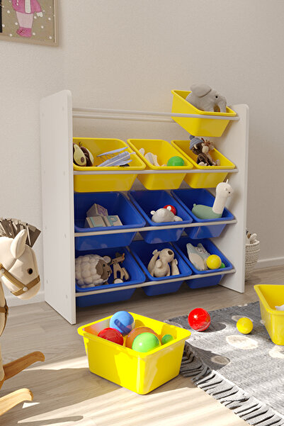 Flinder 12 Sepetli Sarı ve Mavi Oyuncak Dolabı, Çok Amaçlı Dolap, Montessori ...