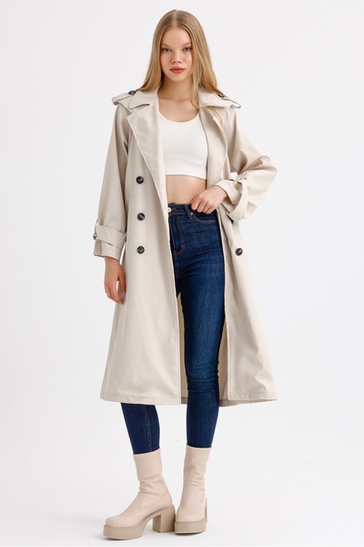 MD trend Жіночий сезонний двобортний тренч без підкладки з коміром на ремені та детальними кишенями на рукавах