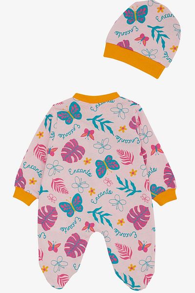Breeze 0-6 Months Colorful Flower and Butterfly Patterned Baby Girl Jumpsuit - Pink with Booties