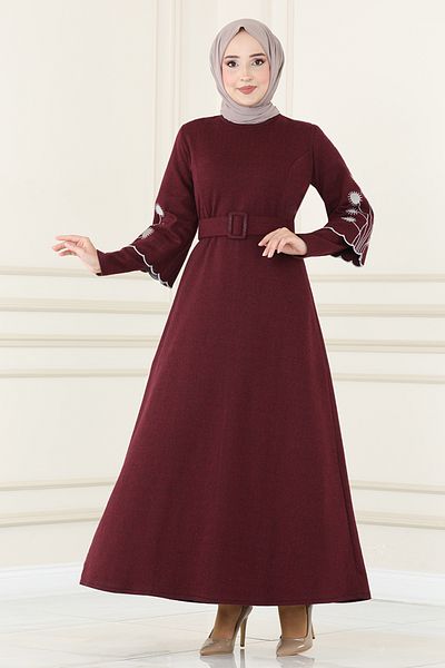 ModaMerve Burgundy Belted Dress - Msl1610