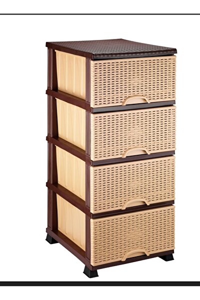 LeesHome Büyük Boy Elif Kahve Krem Desenli 4 Çekmeceli Komidin Sebzelik Şifonyer