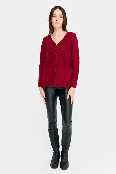 Desen Triko Women's V-Neck Cardigan - Seamless, Legged and Buttoned Wool Rotten