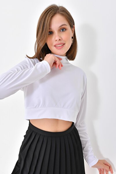 mirach Kadın Beyaz Crop Tişört Bluz | Tesettür Boyunluklu Kolluk Yarım Üst Tunik Body Şık Tasarım