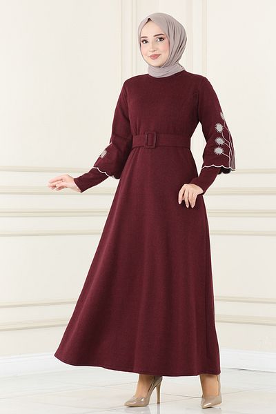 ModaMerve Burgundy Belted Dress - Msl1610