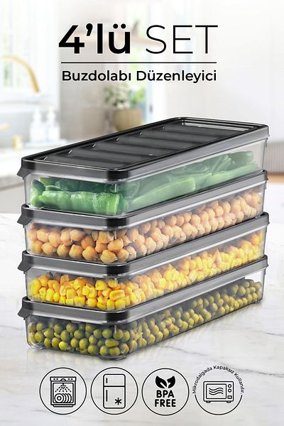 Kitchen Life 4 Pieces 1000 ml Refrigerator and Microwave Storage Container - Refrigerator Organizer Storage Box