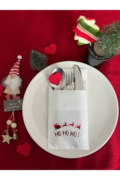 kidspartim Air Touch Red White Christmas Napkin - 12 Pieces, Pocket, 40X40