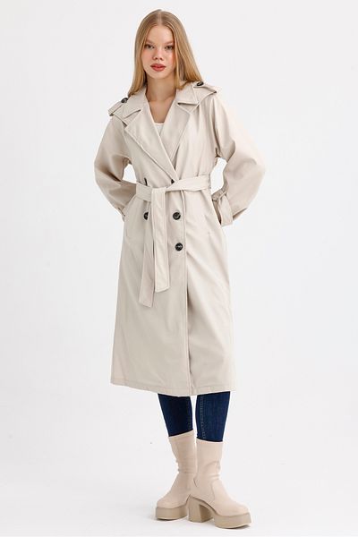 MD trend Women's Belted Collar and Sleeve Detailed Pocket Unlined Seasonal Double Breasted Trench Coat