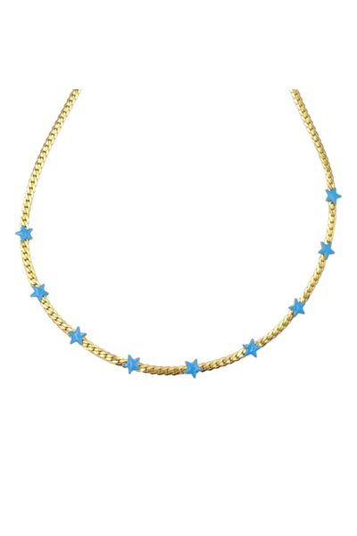 Güler Yüzlü Silver Star Necklace with Blue Mini on Steel Flat Chain