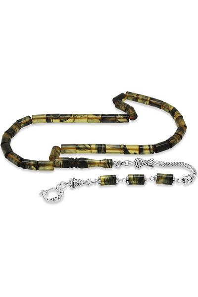 Tesbihane Non-Tarnish Metal Tasseled Cut Black-White Fire Amber Rosary