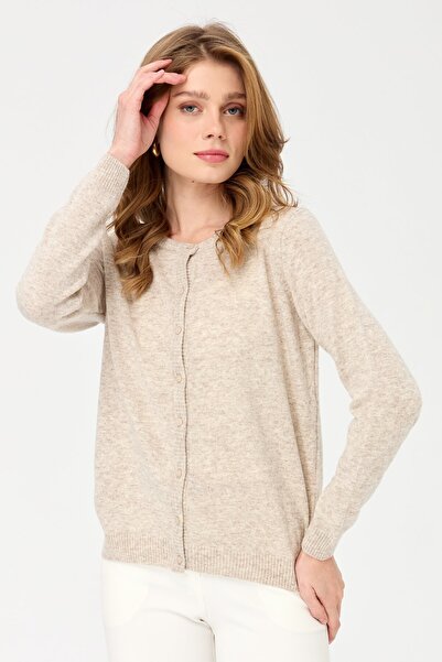 Desen Triko Women's Crew Neck Knitwear Wool Cardigan V.Beige