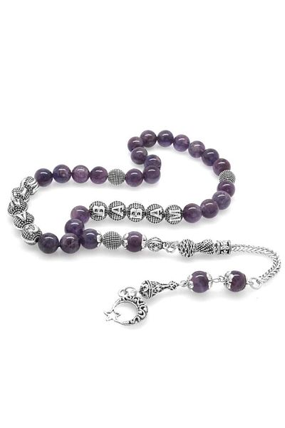 Tesbihane Non-Tarnish Metal Tasseled My Dear Dad Written Globe Cut Amethyst Natural Stone Rosary