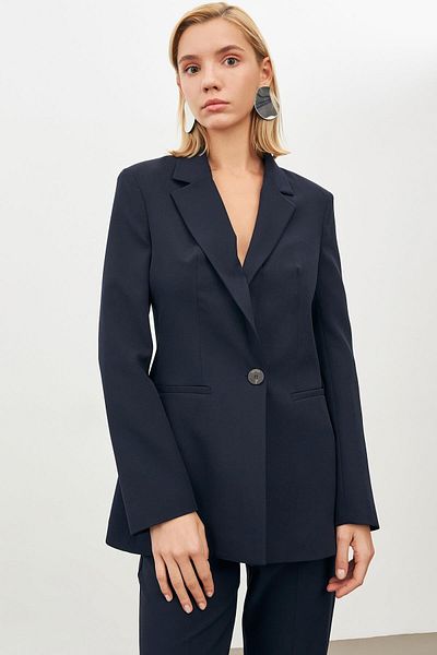 Setre Navy Blue Long Sleeve Set - Button Closure Collar, Full Waist Pipe Leg Trousers