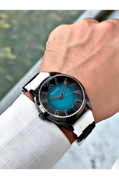 Ferrucci Turquoise Dial White Color Silicone Band Black Metal Case Men's Wristwatch (3 Atm Waterproof)