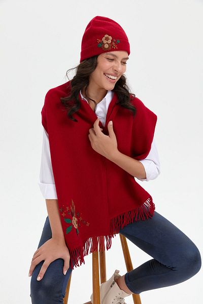 Desen Triko Red Daisy Flower Patterned Women's Wool Beret
