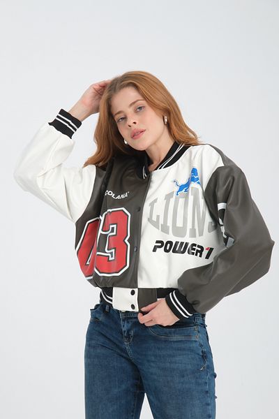Black Level Colorful Printed Oversize Women's Jacket - Snap Fastener Biker Coat, Racer Bomber Jacket
