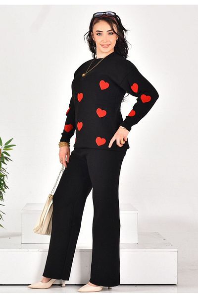 BUUFUU Knitwear Long Sleeve Süzene Heart Embroidered Top and Bottom Set