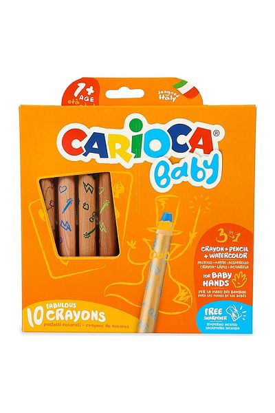 CARIOCA 1 Year Old Jumbo Baby - 3-in-1 Crayons with Wooden Shirt, 10-Piece Gift
