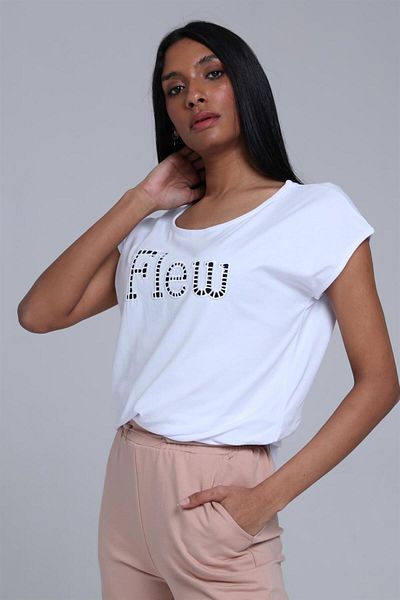 TF The Fancy For You تي شيرت نسائي فاخر بياقة واسعة وقصة عادية وتطريز مفصل