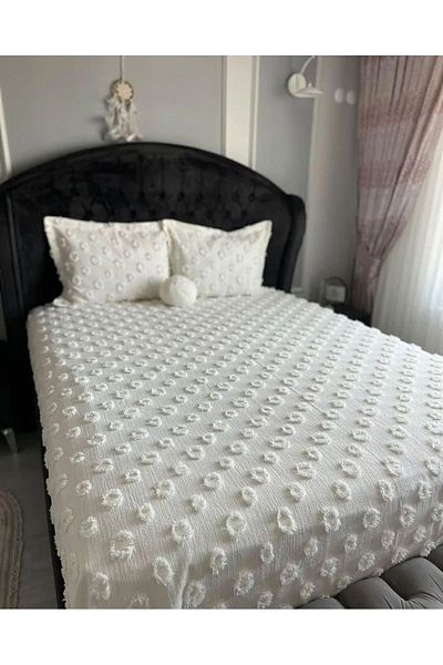 ESTİMA Aslan Tekstil Damla Cream Double Pompom Bedspread 250X260 2 Pillows 50X80