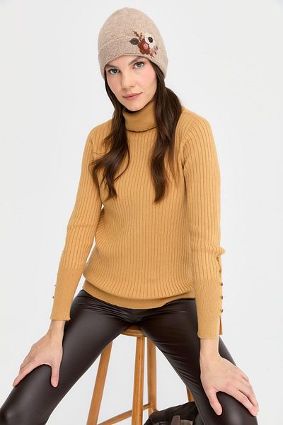 Desen Triko Beige Women's Wool Beret - Daisy Flower Embroidered