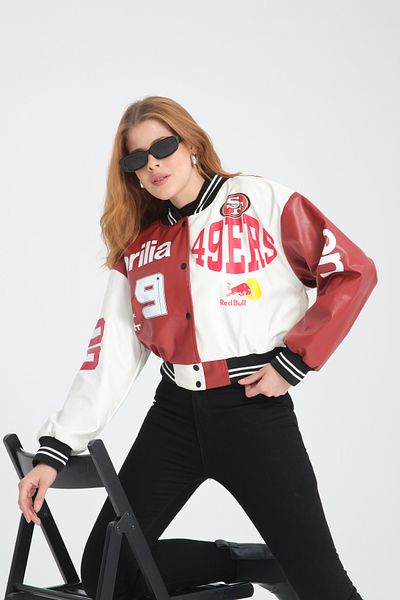 Black Level Women's Leather Oversize College Jacket - Double Color Print, Snap Fastener Biker Coat, Racer Bomber Jacket