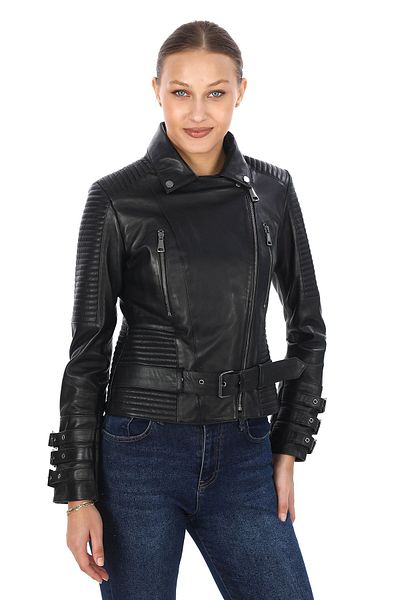 besmoda Genuine Leather Black Women's Biker Coat
