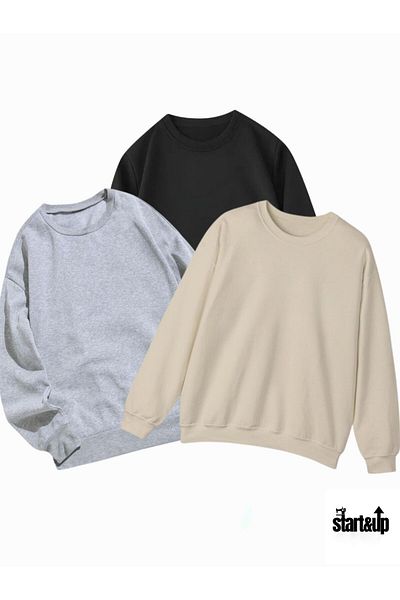 QUEENSTOWN Unisex μονόχρωμο σετ 3 φούτερ μεγάλου μεγέθους Oversize Crew Neck