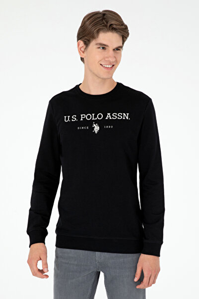 U.S. Polo Assn. سويت شيرت أسود برقبة دائرية للرجال ذو قصة عادية 50293362 -vr046