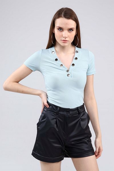 TF The Fancy For You Fancy Women's Slim Fit Short Sleeve V Neck Button Detailed Ribbed Bodysuit