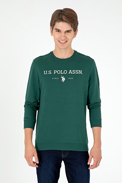 U.S. Polo Assn. سويت شيرت رجالي ذو قصة عادية وياقة دائرية باللون الأخضر الداك...