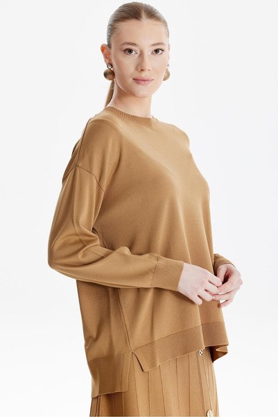 Tığ Triko Costum din raion cu fustă și nasturi CAMEL