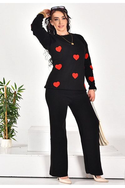 BUUFUU Knitwear Long Sleeve Süzene Heart Embroidered Top and Bottom Set
