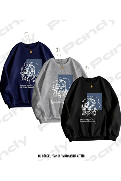 pandy Pachet de 3 hanorac oversize cu decolteu rotund, unisex, cu imprimeu ne...