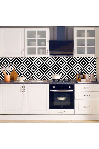 Bigaimaj Acoperire cu folie pentru blat de bucătărie cu model geometric alb-negru - 60cmx100cm