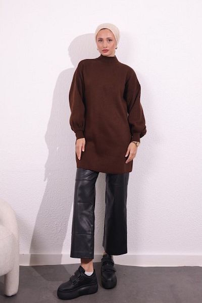 HİFADEN Women's Long Sleeve Hijab Knitwear Stylish Balloon Sleeve Long Style Tunic