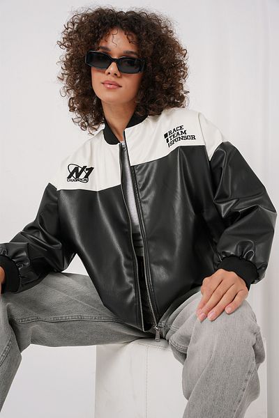 Bigdart 0698 Printed Faux Leather Bomber Jacket - Λευκό