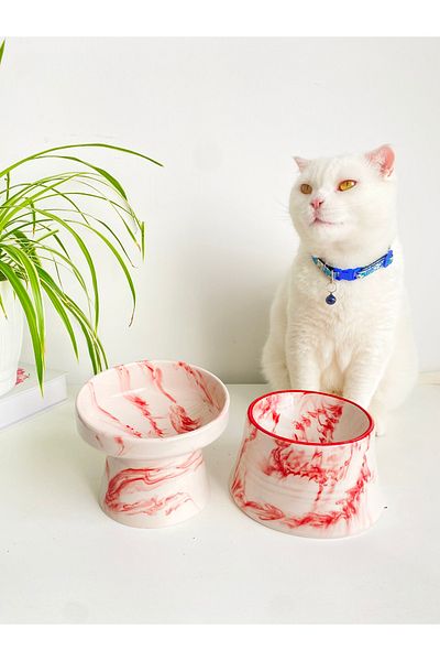 stilinbu Set of 2 Ceramic Cat and Dog Food Water Bowl - Red, White and Colorful Moon Striped - Marbling Pattern