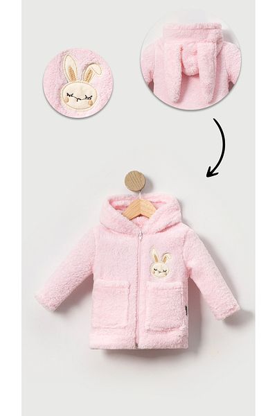 Bubito Pink Baby Girl Cardigan - Rabbit Embroidery, Zipper and Pocket