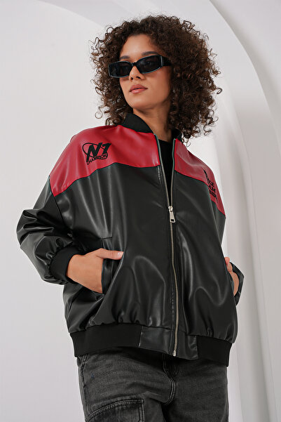 Bigdart 0698 Baskılı Suni Deri Bomber Ceket - Bordo