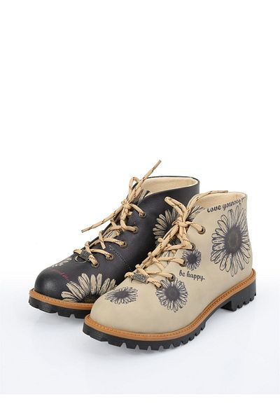 Goby Flower Pattern Printed Women's Black Cream Short Boots