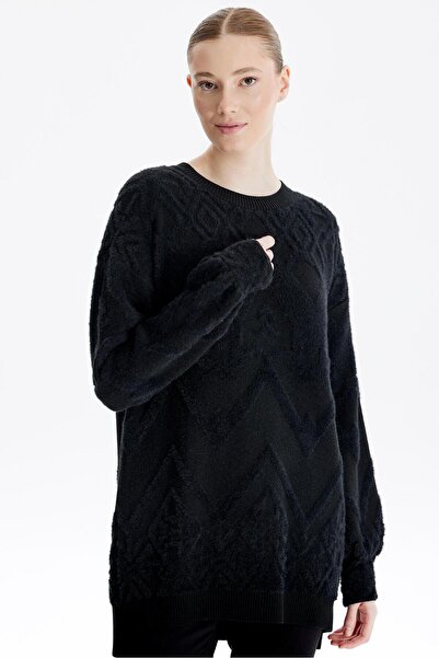 Tığ Triko Desenli Sıfır Yaka Triko Tunik SİYAH