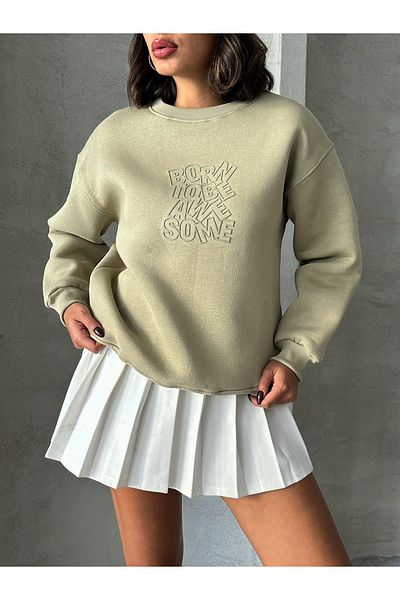 Cappmoda SWT-14272 Χακί μπορντό ανάγλυφο σχέδιο - Τυπωμένο κείμενο, υψηλής ποιότητας φούτερ με τρεις κλωστές