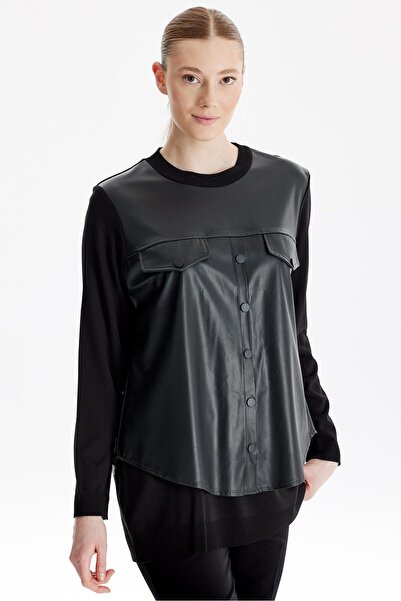 Tığ Triko Deri Gömlek Detaylı Triko Tunik SİYAH