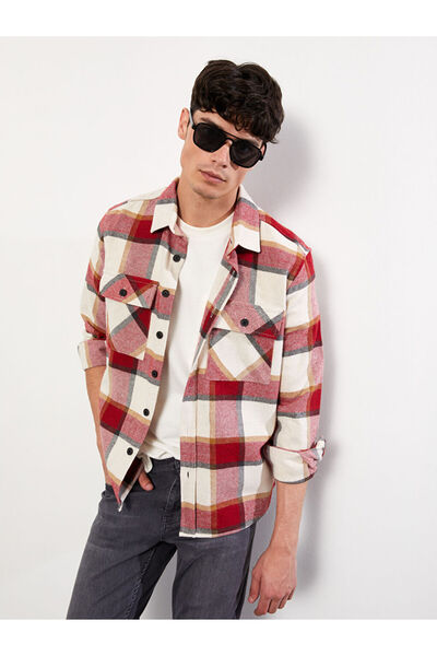 LC Waikiki Ανδρικό πουκάμισο με μακρυμάνικο καρό γαμπαρντίνα σε κόκκινο χρώμα