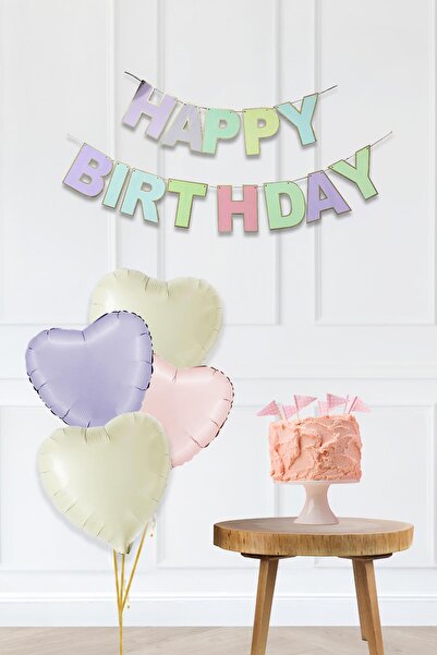 PEKSHOP Makaron Renkler Happy Birthday Bannerlı Kalp Balonlu Doğum Günü Süsle...